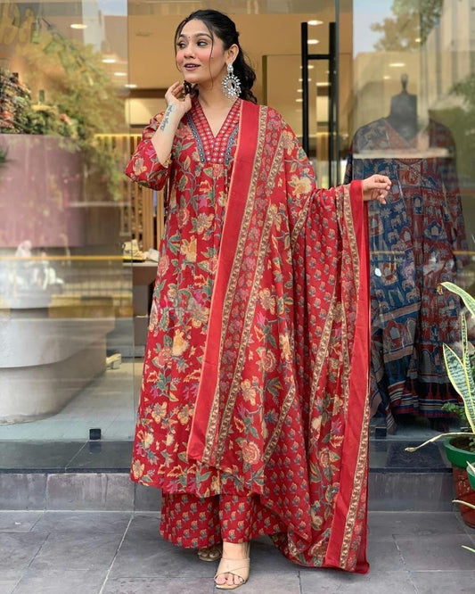 This A-line pant set is perfect for the summer season with its vibrant floral print and confident pocket one side. Plus, the included matching dupatta completes the look and adds an extra touch of style