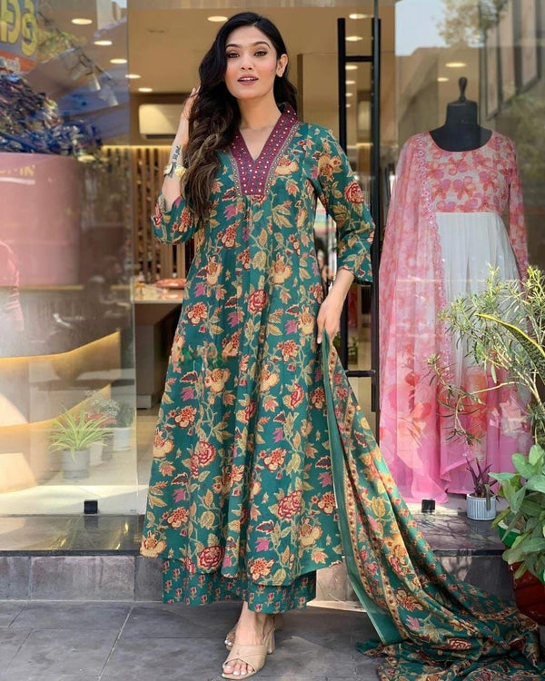 This A-line pant set is perfect for the summer season with its vibrant floral print and confident pocket one side. Plus, the included matching dupatta completes the look and adds an extra touch of style