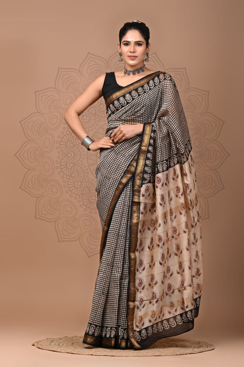 Exclusive Hand Block Printed Maheshwari Silk Saree (SWSRMAH49)