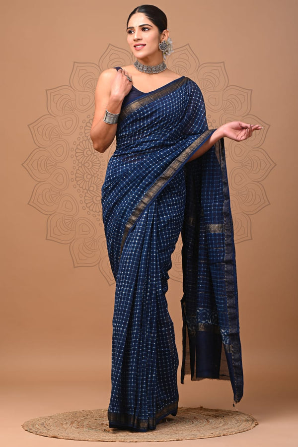 Exclusive Hand Block Printed Maheshwari Silk Saree (SWSRMAH70)