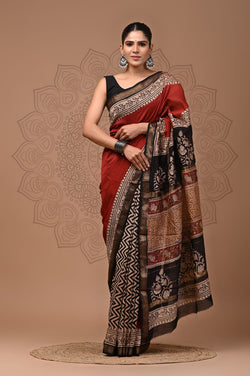 Exclusive Hand Block Printed Maheshwari Silk Saree (SWSRMAH65)