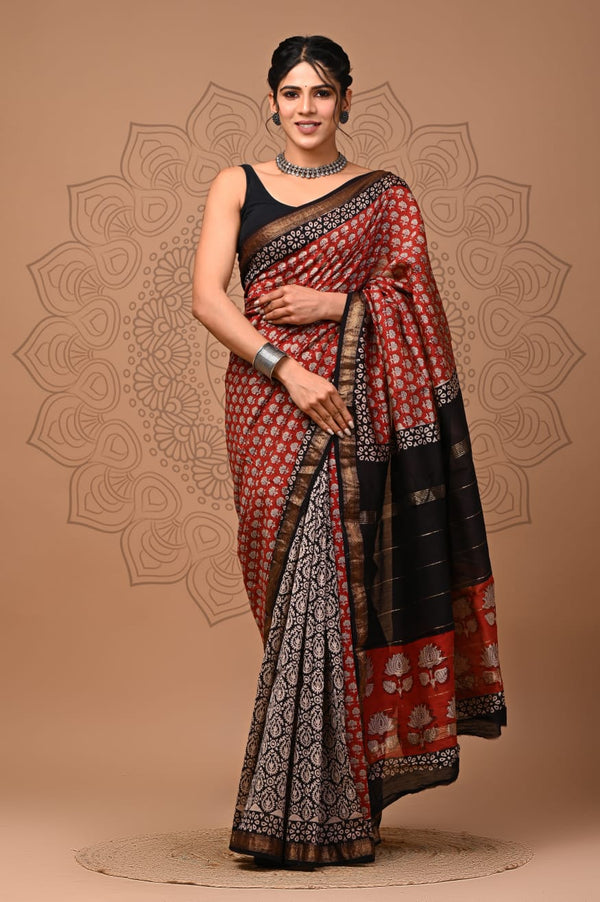 Exclusive Hand Block Printed Maheshwari Silk Saree (SWSRMAH58)