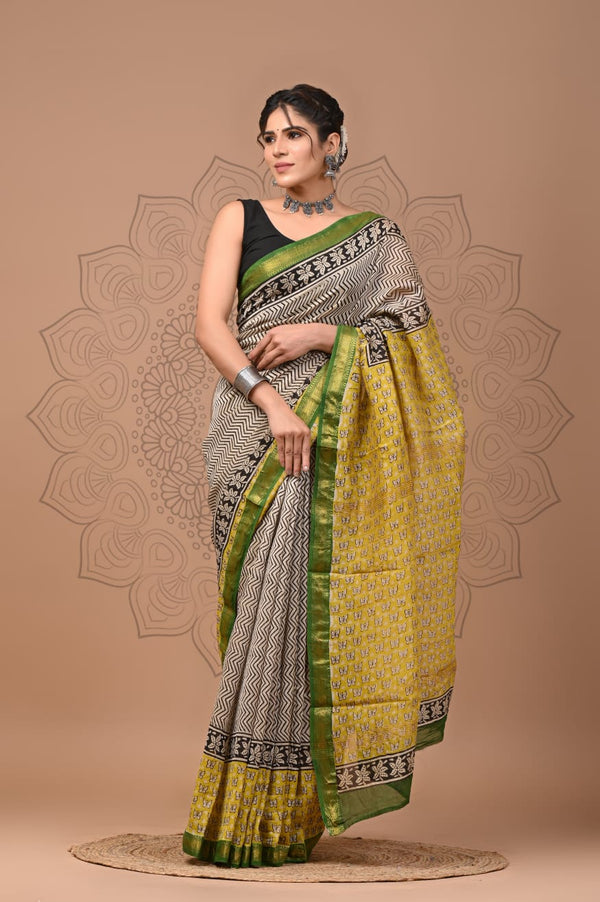 Exclusive Hand Block Printed Maheshwari Silk Saree (SWSRMAH60)