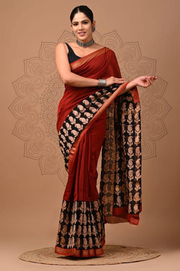 Exclusive Hand Block Printed Maheshwari Silk Saree (SWSRMAH57)