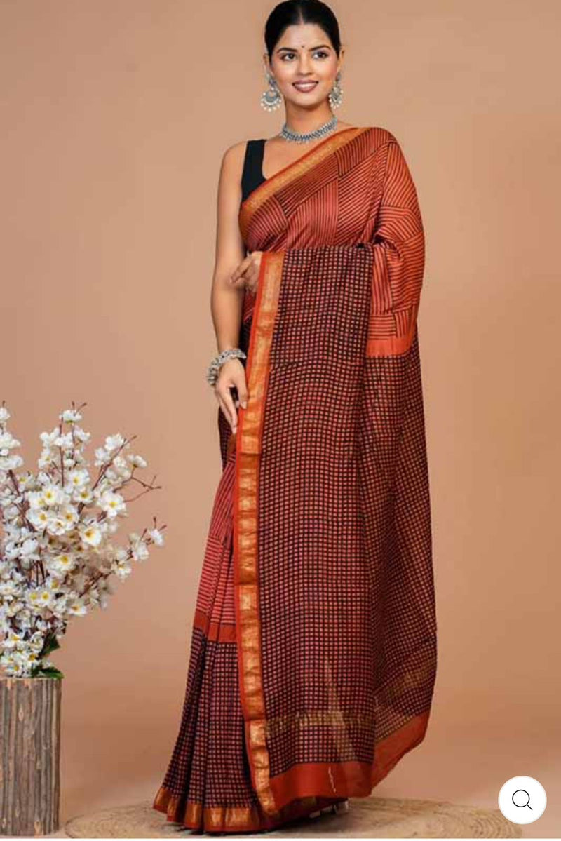 Exclusive Hand Block Printed Maheshwari Silk Saree (SWSRMAH50)