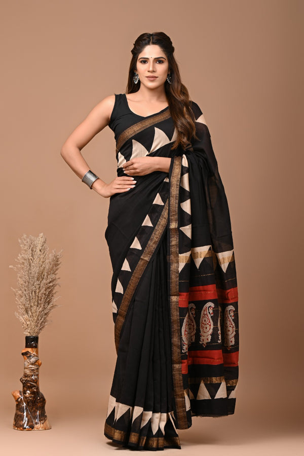 Exclusive Hand Block Printed Maheshwari Silk Saree (SWSRMAH04)