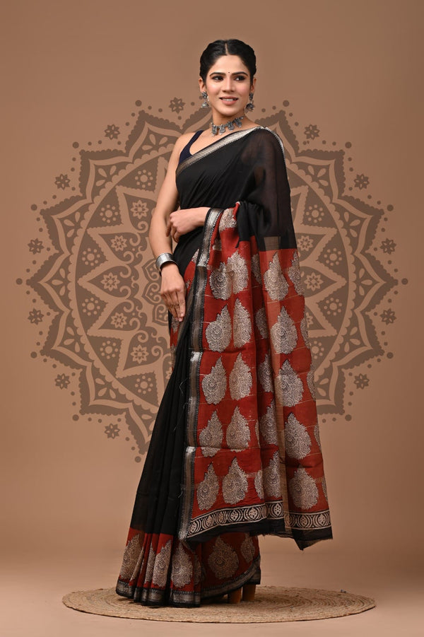 Exclusive Hand Block Printed Maheshwari Silk Saree (SWSRMAH06)