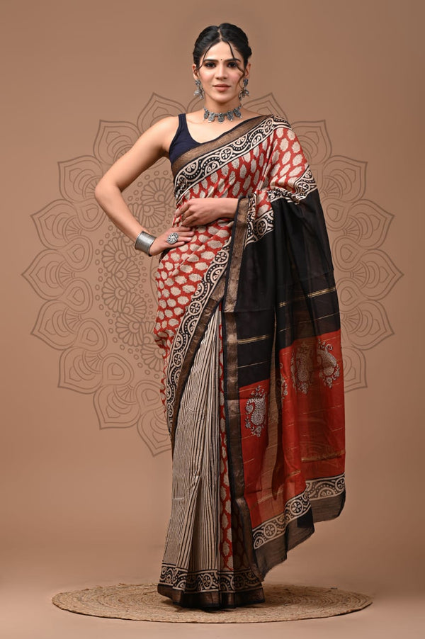 Exclusive Hand Block Printed Maheshwari Silk Saree (SWSRMAH07)