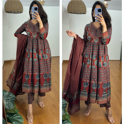 Discover elegance with our do Patti Ajrakh print Flair Anarkali suit in breathable cotton ideal for festival gatherings  (NFRD296)