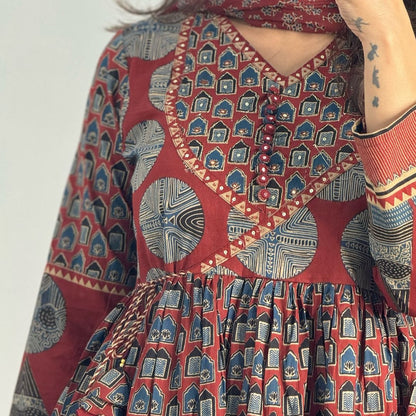 Discover elegance with our do Patti Ajrakh print Flair Anarkali suit in breathable cotton ideal for festival gatherings  (NFRD296)