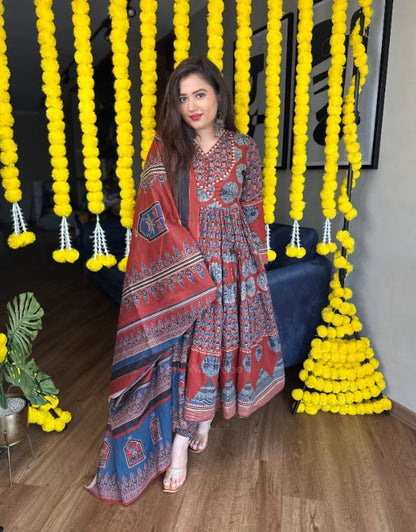 Discover elegance with our do Patti Ajrakh print Flair Anarkali suit in breathable cotton ideal for festival gatherings  (NFRD296)