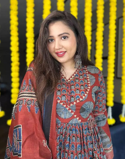Discover elegance with our do Patti Ajrakh print Flair Anarkali suit in breathable cotton ideal for festival gatherings  (NFRD296)