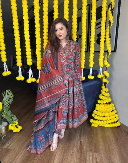 Discover elegance with our do Patti Ajrakh print Flair Anarkali suit in breathable cotton ideal for festival gatherings  (NFRD296)