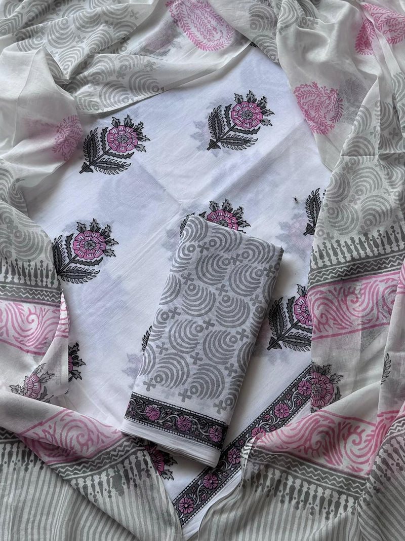 ELEGANT HAND BLOCK PRINT COTTON SUIT SET WITH MULMUL DUPATTA