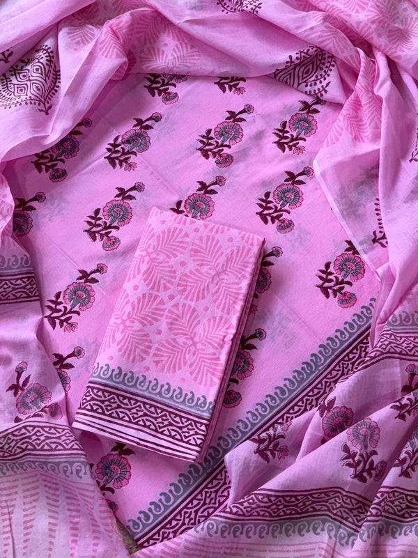 Premium hand block printed cotton suit with cotton dupatta