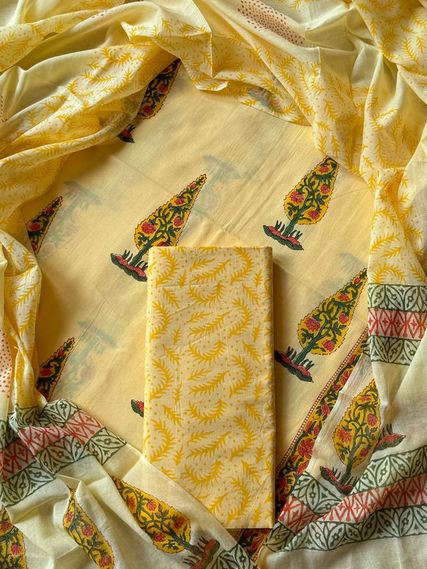 Designer Hand Block Print Cotton Suit Set with Mulmul Dupatta