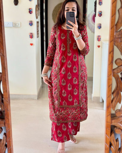 Beautiful Jaipuri Printed Cotton Suit Set Cotton Kurta With Floral Print And Handwork detailing With Panel Work Paired Up With Cotton Pant and Duppatta🥰(NFRD289)