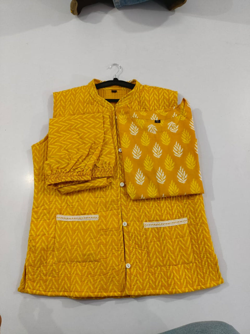 Winter Collection Of Cotton procin print Kurti Pant Set With Quilted cotton jacket