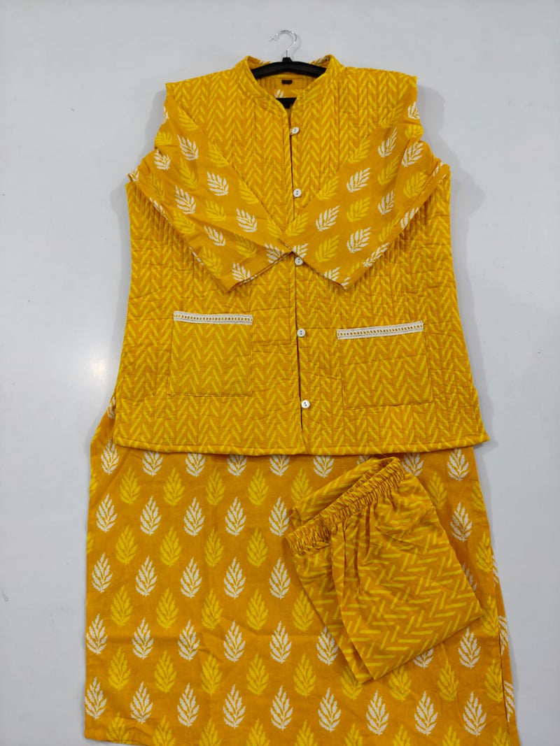 Winter Collection Of Cotton procin print Kurti Pant Set With Quilted cotton jacket