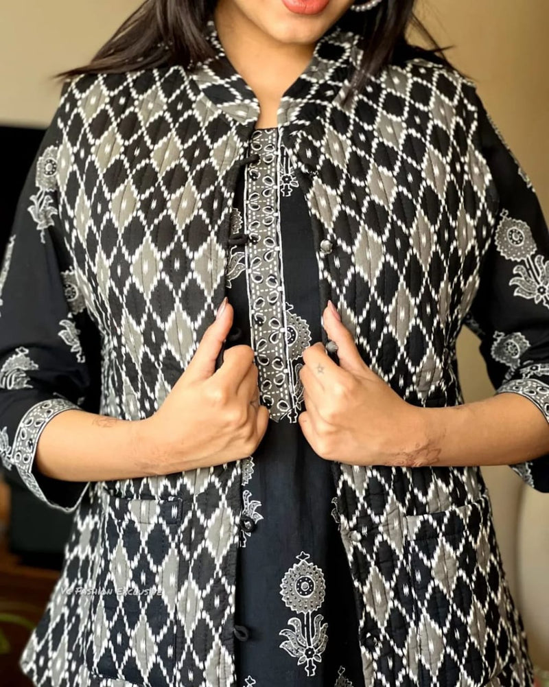 Winter Collection Of Cotton procin print Kurti Pant Set With Quilted cotton jacket