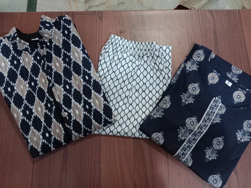 Winter Collection Of Cotton procin print Kurti Pant Set With Quilted cotton jacket