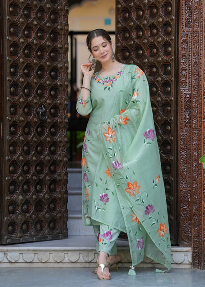 New designer embroidery 🧵 kurti duppta Paired With Cotton Pant And Chanderi duppata set