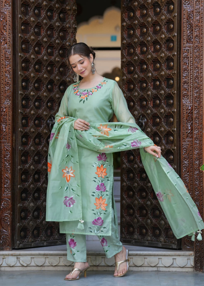 New designer embroidery 🧵 kurti duppta Paired With Cotton Pant And Chanderi duppata set