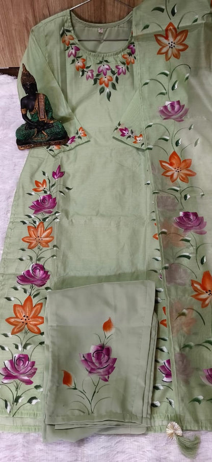New designer embroidery 🧵 kurti duppta Paired With Cotton Pant And Chanderi duppata set