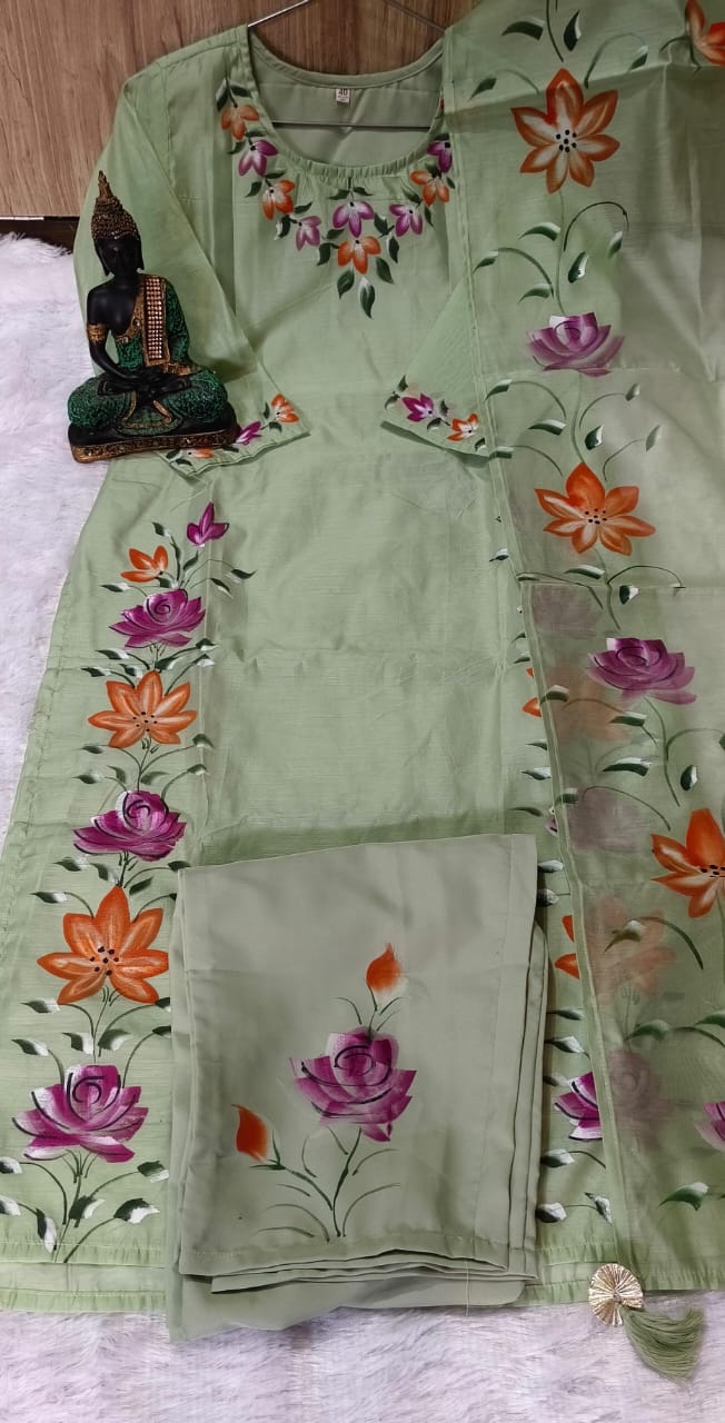 New designer embroidery 🧵 kurti duppta Paired With Cotton Pant And Chanderi duppata set