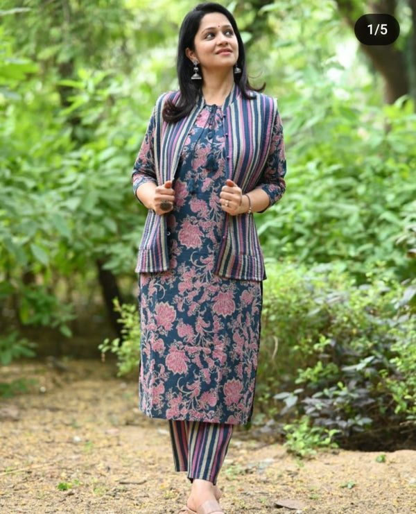 Winter Collection Of Cotton procin print Kurti Pant Set With Quilted cotton jacket