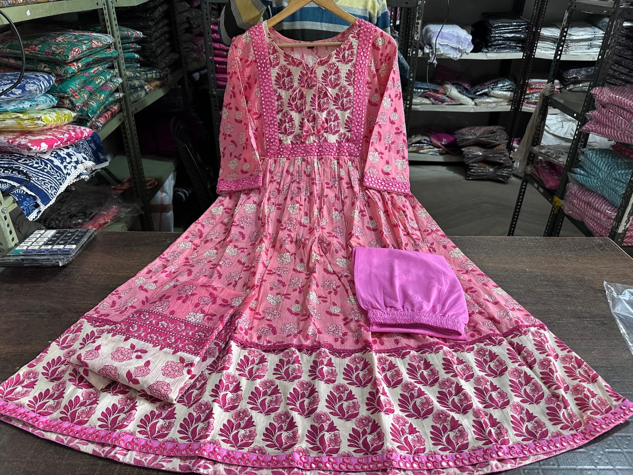 COTTON 60/60 Anarkali kurta with heavy embroidery work neckline all over , COTTON pant and matching malmal dupatta