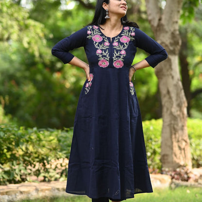 New launch for festive Collection ✨️ 😍😍😍😍    This cotton anarkali kurta pant set boasts chic and trendy office wear featuring intricate thread embroidery detailing in yolk and pockets