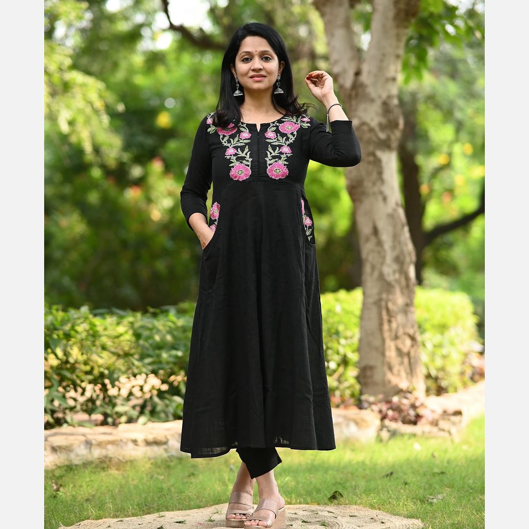 New launch for festive Collection ✨️ 😍😍😍😍    This cotton anarkali kurta pant set boasts chic and trendy office wear featuring intricate thread embroidery detailing in yolk and pockets