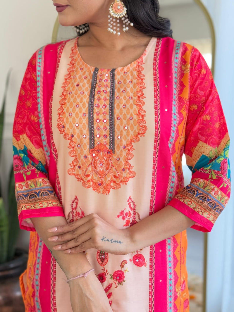 New Launch ✨✨✨✨  Pakistani Suits made from Muslin fabric with digital prints and beautiful hand work on kurti sound like a fashionable choice for upcoming occasions.