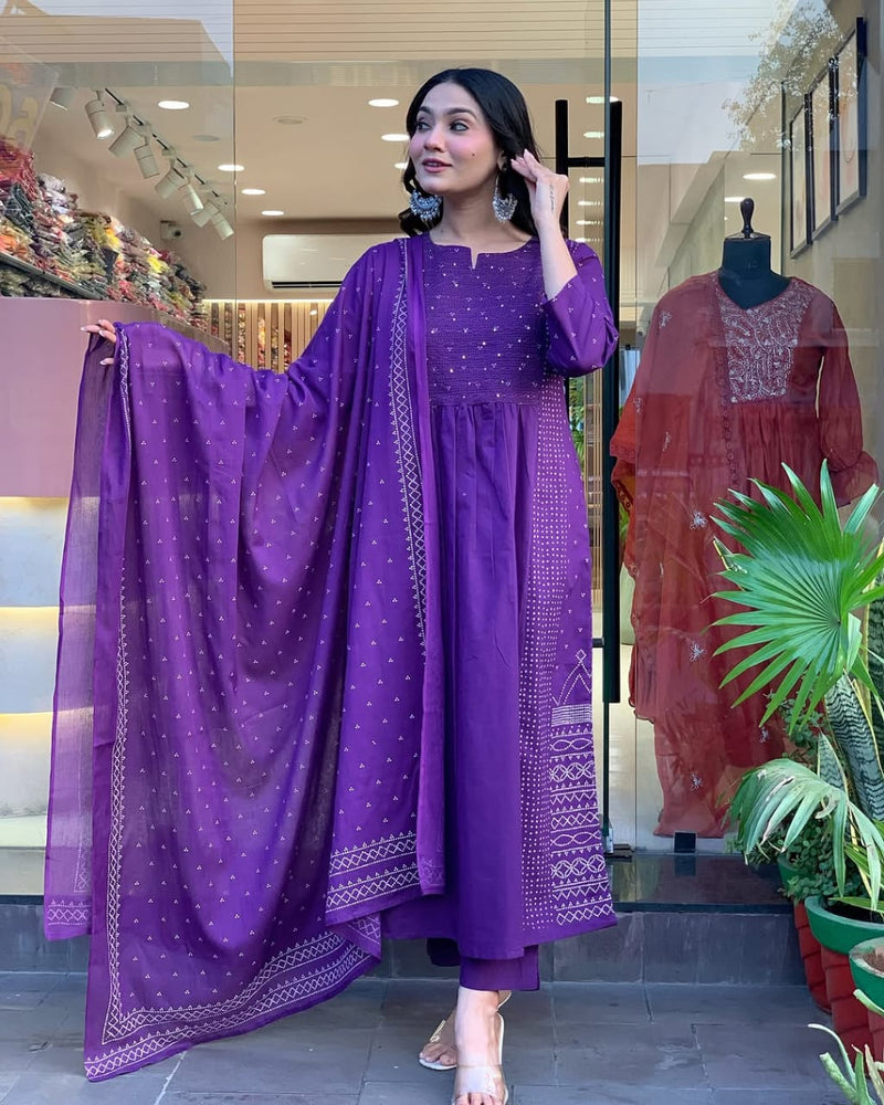 Pure Cotton60-60 super dyeing kurta with silver print with beautiful emb siq neck yoke & cotton pant with silver print full malmal dupatta.