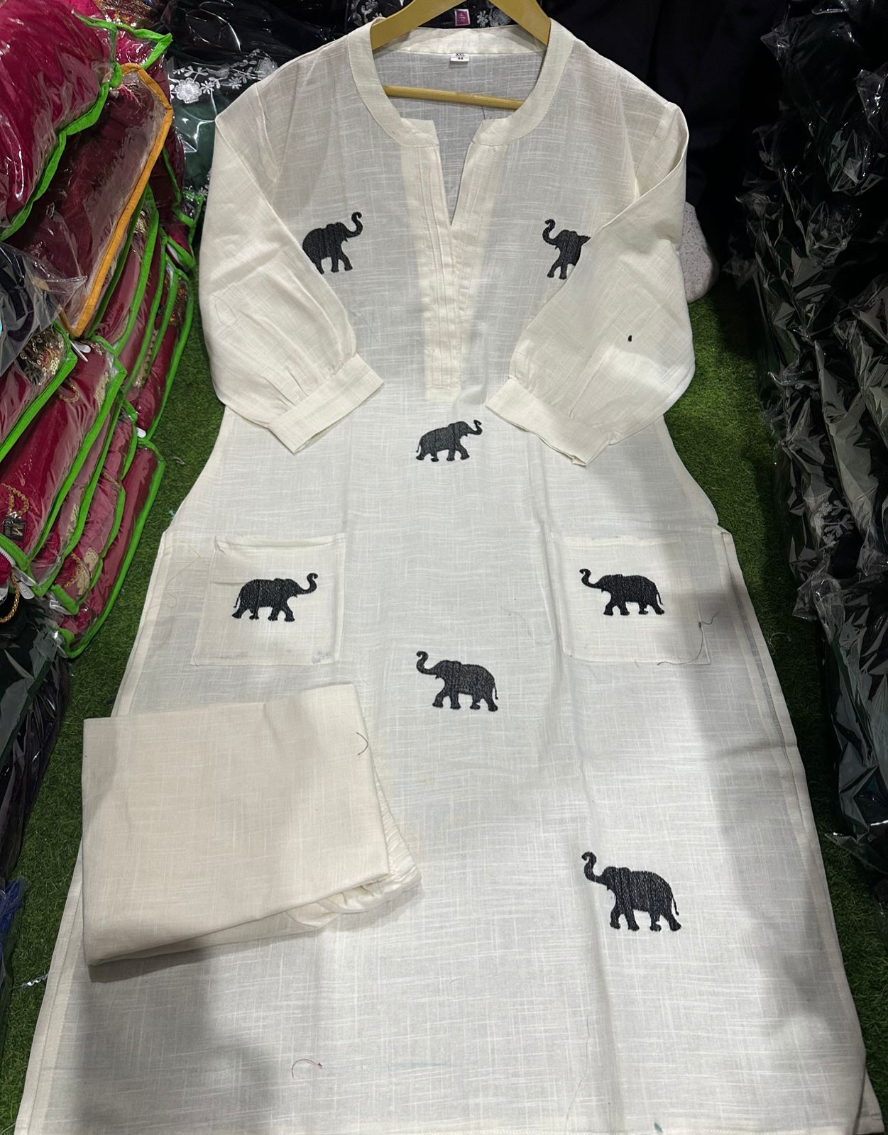 Designer Top Pant set In *South Cotton * Fabric With Ethnic Elephant Embroidery work All over the Kurta With Trending Scoped Sleeves... 🤍🤍