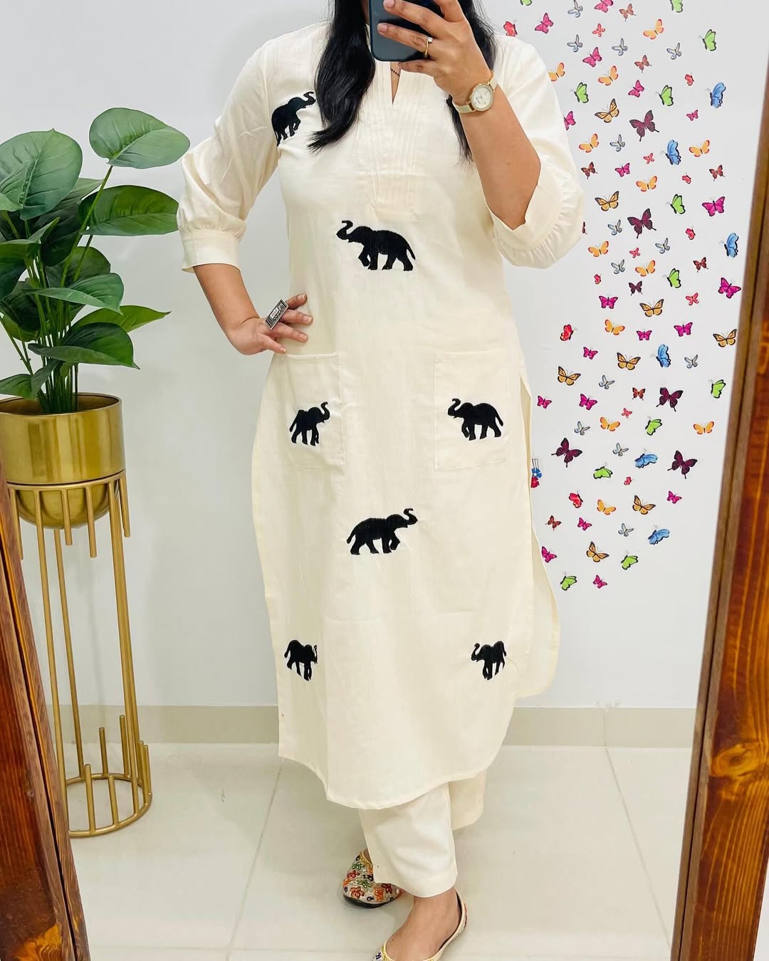 Designer Top Pant set In *South Cotton * Fabric With Ethnic Elephant Embroidery work All over the Kurta With Trending Scoped Sleeves... 🤍🤍