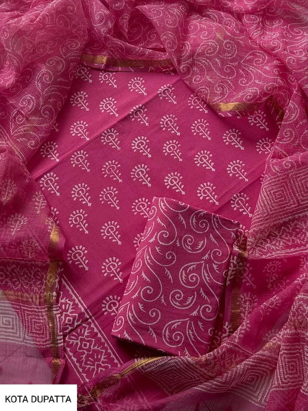 Excusive Hand Block Print Cotton Suit Set with Kota Doria Dupatta