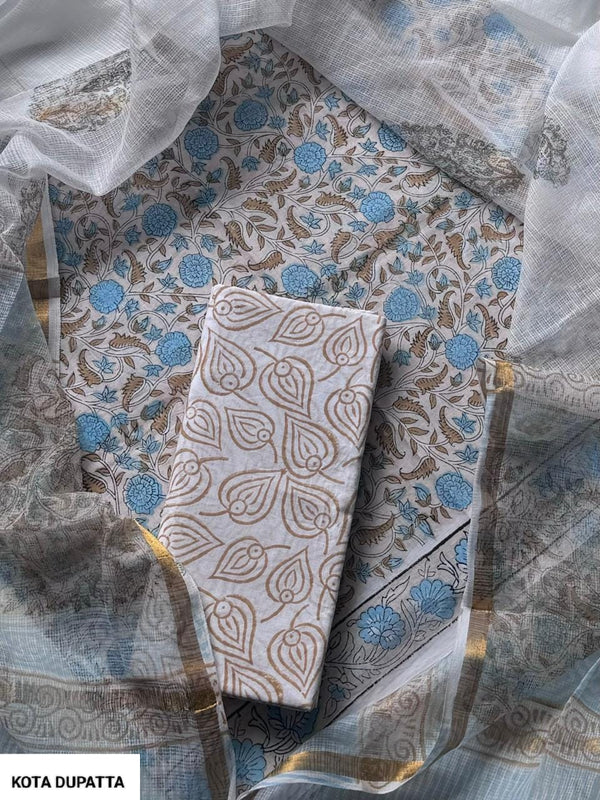 Premium Hand Block Print Cotton Suit Set with Kota Doria Dupatta