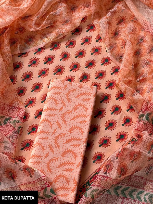 Excusive Hand Block Print Cotton Suit Set with Kota Doria Dupatta