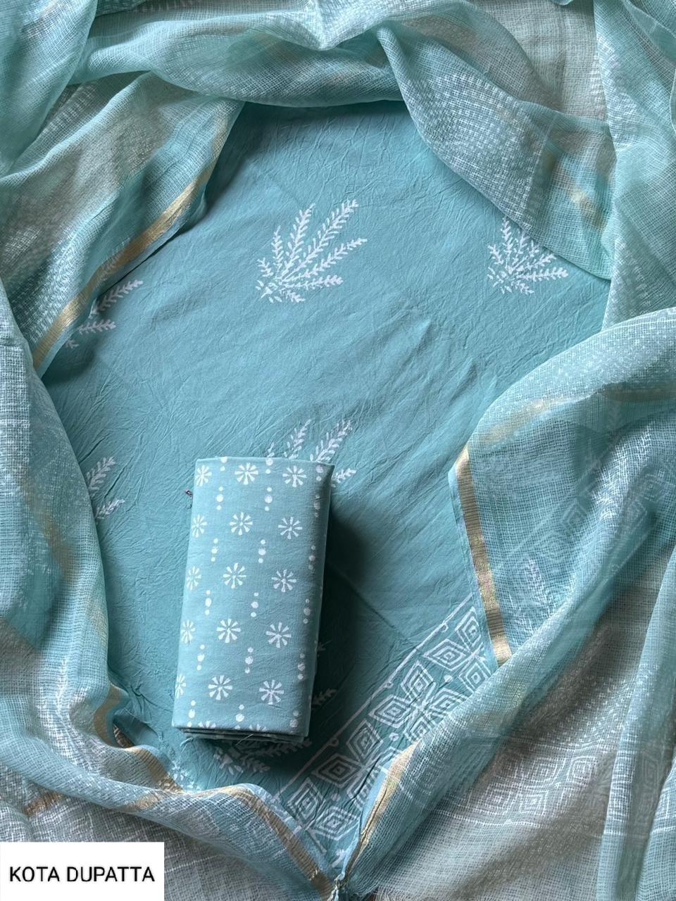 Excusive Hand Block Print Cotton Suit Set with Kota Doria Dupatta