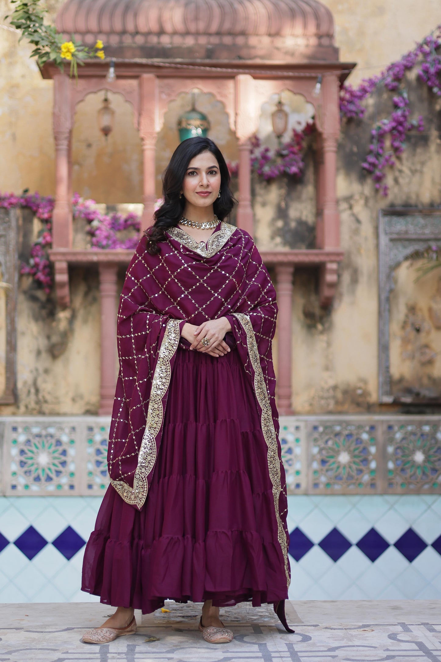 Desirable Women's Fully Flair Gown Made With Star Georgette Fabrics and Designer Embroidered Dupatta 💃🏻(WD01)