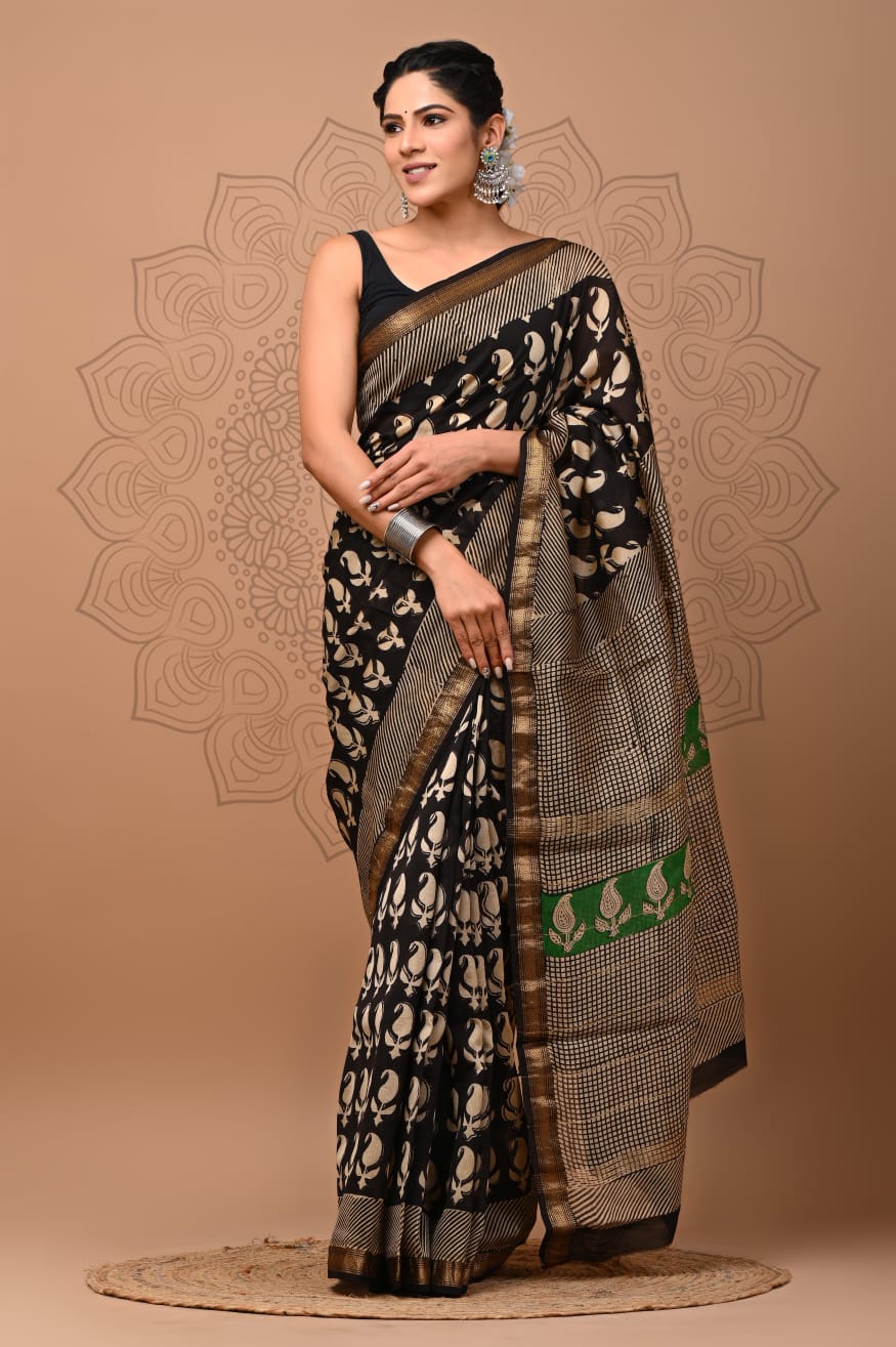 Exclusive Hand Block Printed Maheshwari Silk Saree (SWSRMAH01)