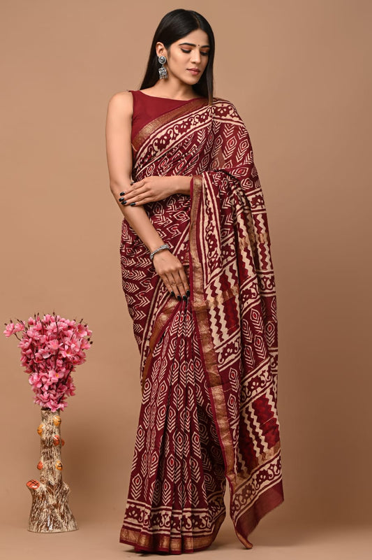 Exclusive Hand Block Printed Maheshwari Silk Saree (SWSRMAH01)