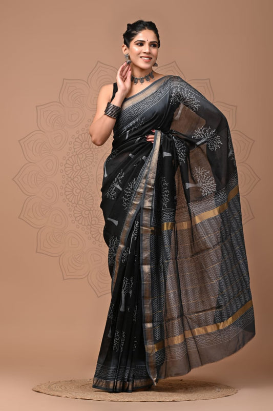 Exclusive Hand Block Printed Maheshwari Silk Saree (SWSRMAH01)