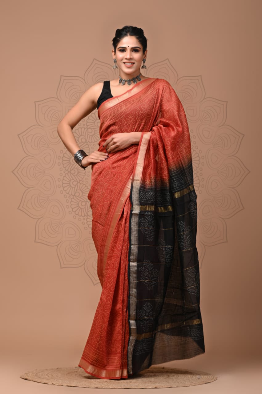 Exclusive Hand Block Printed Maheshwari Silk Saree (SWSRMAH01)