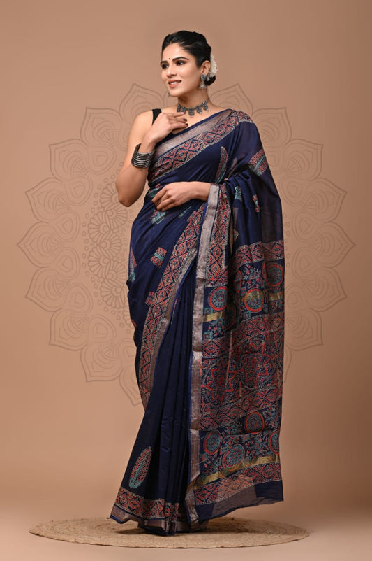 Exclusive Hand Block Printed Maheshwari Silk Saree (SWSRMAH01)