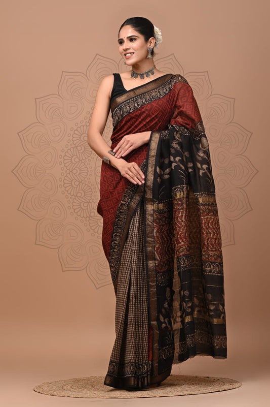 Exclusive Hand Block Printed Maheshwari Silk Saree (SWSRMAH0100)