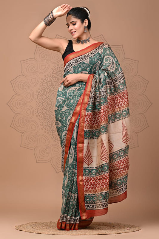 Exclusive Hand Block Printed Maheshwari Silk Saree (SWSRMAH01)