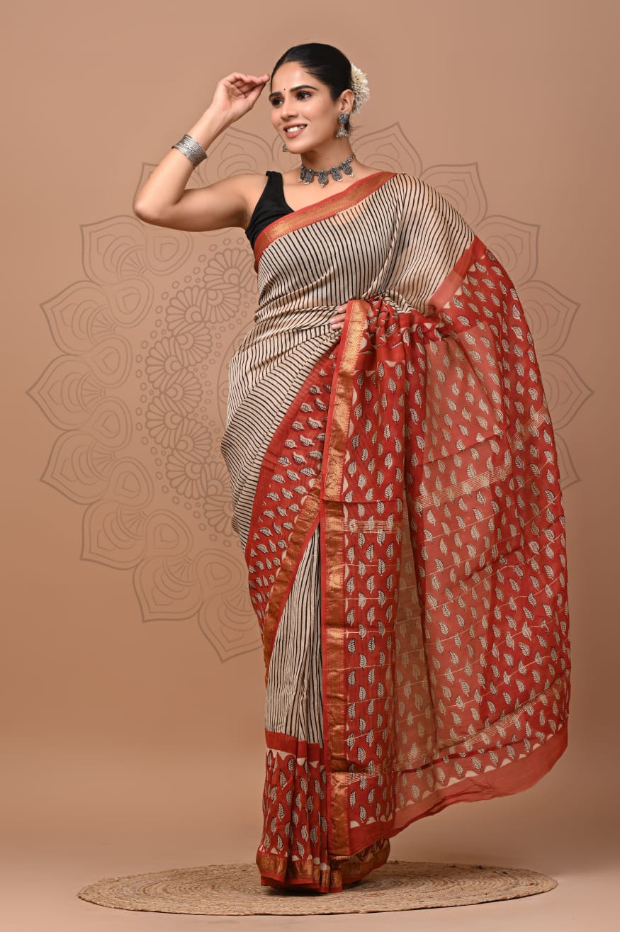 Exclusive Hand Block Printed Maheshwari Silk Saree (SWSRMAH01)